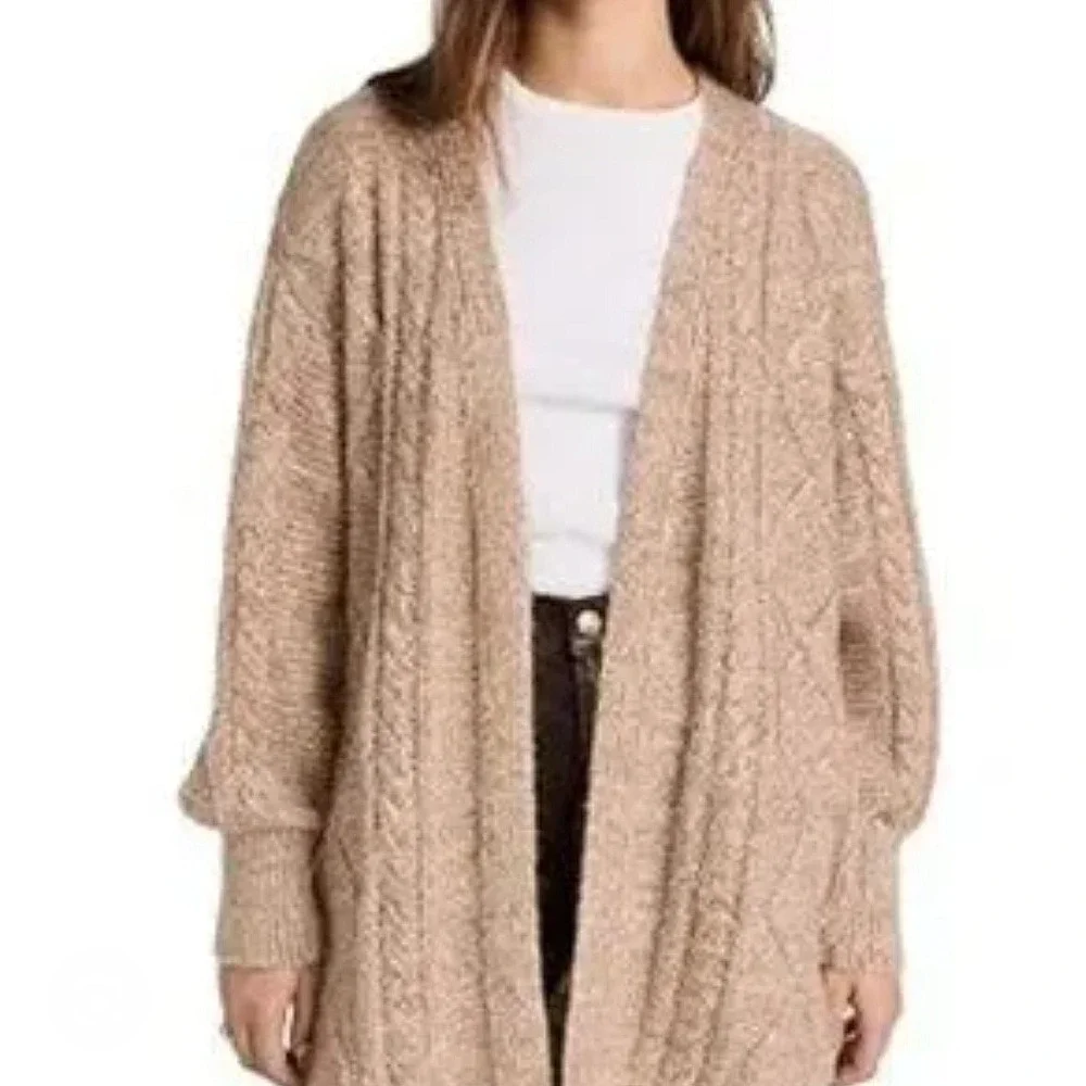 NEW A New Day Long Chunky Cardigan Sz L‎ Open Front Cable Knit Tan Blush NWT